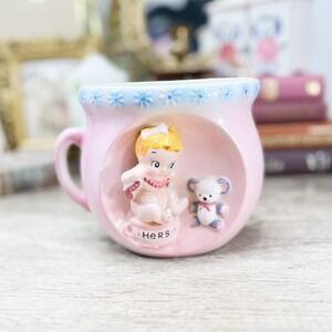Vintage Ceramic Baby Girl Potty Wall Pocket Planter Pink Hers Teddy Bear 4.25in